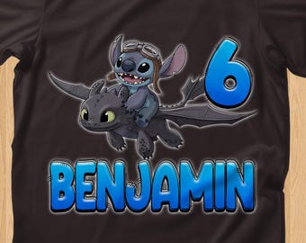 Camiseta personalizada de aniversário do Stitch e do Banguela, camiseta de festa personalizada