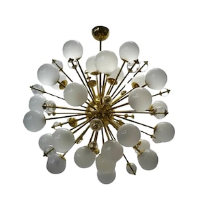 Stilnovo Style Brass Milky Glass Ball 1950&#39;s Chandelier Sputnik Urchin Italian Lamp Light