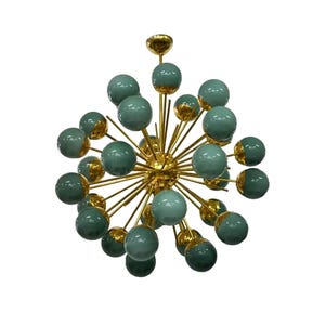 Italian Modern Stilnovo Brass Green Glass Ball 1950&#39;s Sputnik Style Chandelier Urchin Italian Lamp Lighting.