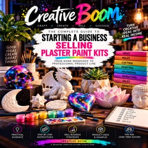 May include: A book titled Creative Boom: The Complete Guide to Starting a Business Selling Plaster Paint Kits, surrounded by plaster figures including a skull, dragon, moon, and lotus, with paint pots, brushes, and a checklist on a desk.