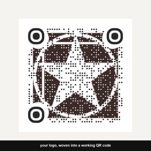 May include: A square QR code featuring a dark brown and white design with a central five-pointed star enclosed in a circle. The graphic includes the text your logo, woven into a working QR code at the bottom of the square frame.