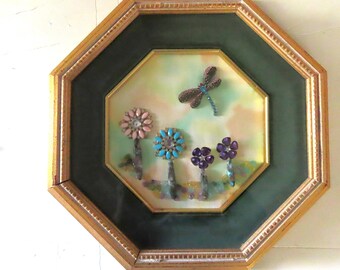 Shadowbox Picture with Dragonfly and Flowers Repurposed Jewelry