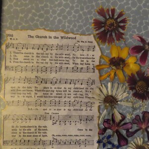 Pu&ograve; includere: Un'opera d'arte incorniciata con una pagina di spartito vintage intitolata "The Church in the Wildwood", adornata con fiori secchi nei toni del rosso, giallo e viola. Lo sfondo &egrave; un tessuto azzurro chiaro a fantasia.