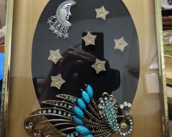 Shadowbox with Peacock, Moon and Stars Repurposed Jewelry