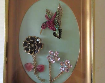 Shadowbox Hummingbird and Flowers Made with Jewelry