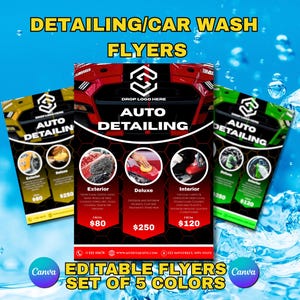 Customizable Car Detailing Pricelist Flyer bundle of 5 for detail shops and car washes, customizable canva pamphlet poster for advertising