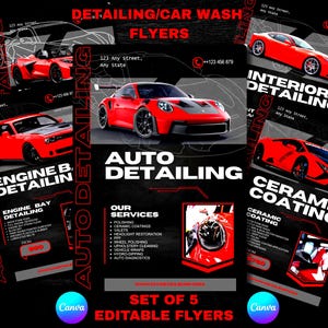 Set of 5 Car wash & detailing canva flyer template, black and red car mobile detailing shop business marketing pamphlet template