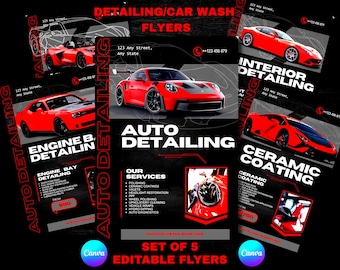 Set of 5 Car wash & detailing canva flyer template, black and red car mobile detailing shop business marketing pamphlet template