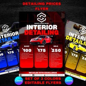 Car detailing flyer pricelist set of 3, luxury detail shop car wash business marketing pamphlet template design, mobile detailing price list