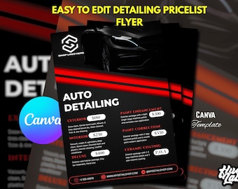 Lista de precios de servicios de detallado de autos (plantilla Canva en rojo y negro), folleto de marketing para negocios de lavado de autos de lujo, menú de detallado móvil