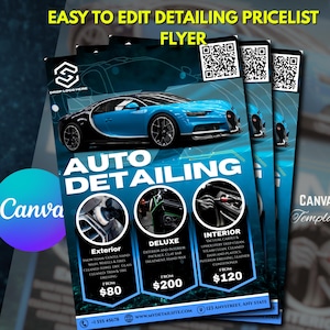 Car detailing flyer pricelist in Blue and white, luxury detail shop car wash business marketing pamphlet template, mobile detailing menu