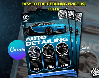 Car detailing flyer pricelist in Blue and white, luxury detail shop car wash business marketing pamphlet template, mobile detailing menu