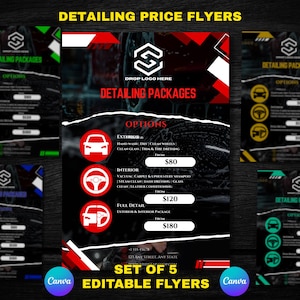 5 Pack of detailing pricelist flyers canva template | car wash, valets and mobile detailing businesses marketing pamphlet
