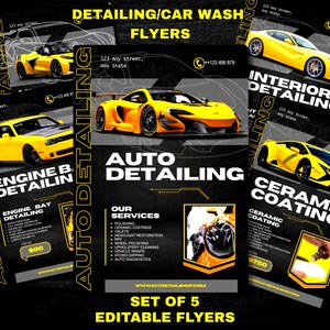 Set of 5 Car wash & car mobile detailing black and yellow canva flyer template, detail shop business marketing pamphlet template