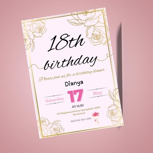 18th Birthday Invitation Template | Light pink & gold floral | Minimalist Digital download