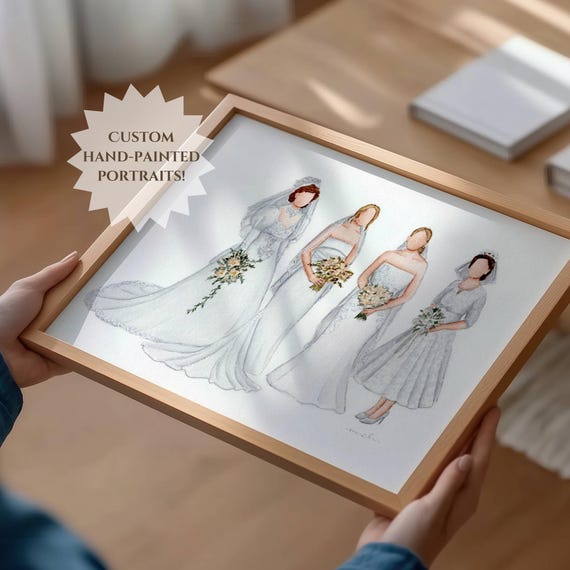 CUSTOM GENERATIONAL BRIDE Portrait Mother of the Bride Gift Idea for Wedding Personalized Painting Wall Art 3 Generations Bridal Dress