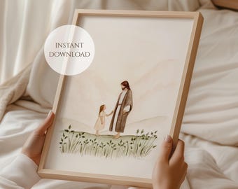 JESUS AND GIRL Printable Wall Art for Girl Nursery Room Decor for Girl Baptism Gift Idea Instant Download Nursery Wall Art Jesus Little Girl