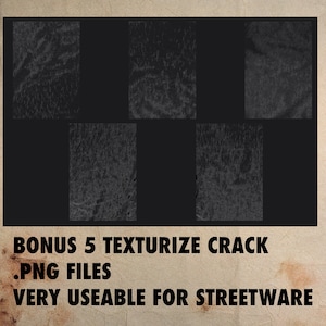 May include: Five black and white textured crack .png files. Bonus 5 Texturize Crack .PNG Files. Very Useable for Streetwear.