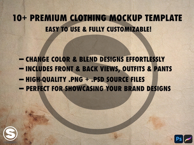 May include: A mockup template for clothing designs. The text reads "10+ PREMIUM CLOTHING MOCKUP TEMPLATE EASY TO USE & FULLY CUSTOMIZABLE!" and lists features: "CHANGE COLOR & BLEND DESIGNS EFFORTLESSLY", "INCLUDES FRONT & BACK VIEWS, OUTFITS & PANTS", "HIGH-QUALITY .PNG + .PSD SOURCE FILES", "PERFECT FOR SHOWCASING YOUR BRAND DESIGNS".