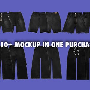 May include: Ten plus black denim shorts and pants mockups. The mockups feature different styles of shorts and pants, including cargo pants, wide-leg pants, and cuffed shorts.