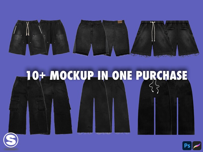 May include: Ten plus black denim shorts and pants mockups. The mockups feature different styles of shorts and pants, including cargo pants, wide-leg pants, and cuffed shorts.