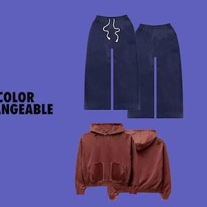 May include: Two pairs of wide-leg sweatpants, one in navy blue and one in a darker shade of blue.  Two hoodies in a reddish-brown color with distressed details.