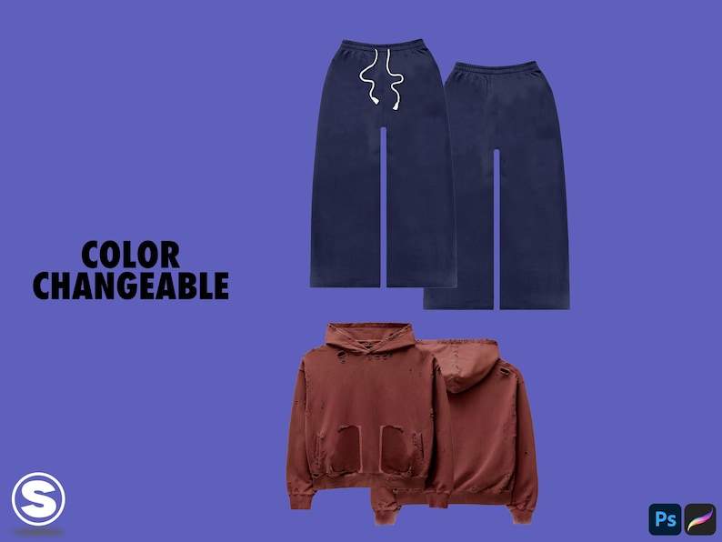 May include: Two pairs of wide-leg sweatpants, one in navy blue and one in a darker shade of blue.  Two hoodies in a reddish-brown color with distressed details.