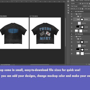 May include: A mockup of a black t-shirt with a blue graphic print on the front that says "TURBO MART" and a blue graphic print on the back that says "TURBO MART" with a checkered flag and a Japanese flag.