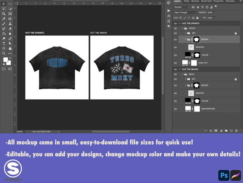 May include: A mockup of a black t-shirt with a blue graphic print on the front that says "TURBO MART" and a blue graphic print on the back that says "TURBO MART" with a checkered flag and a Japanese flag.