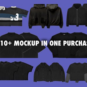 May include: A set of 10+ black clothing mockups, including hoodies, sweatshirts, t-shirts, and jackets. The text "10+ MOCKUP IN ONE PURCHASE" is displayed on the image.