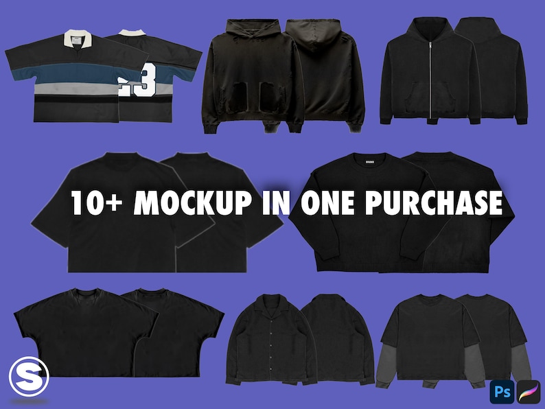May include: A set of 10+ black clothing mockups, including hoodies, sweatshirts, t-shirts, and jackets. The text "10+ MOCKUP IN ONE PURCHASE" is displayed on the image.
