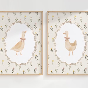Goose Nursery Prints Set of 2, Cottagecore Nursery Decor, Vintage Farmhouse Animal Art, Duck & Wildflower Wall Art, Digital Download