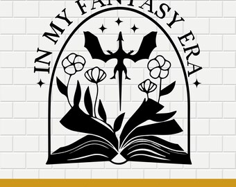 May include: Black and white illustration of a dragon flying over an open book with flowers and the text "In My Fantasy Era".