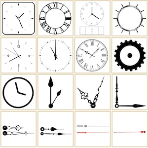 May include: A set of 16 black and white clock face illustrations. The illustrations include various clock faces, hands, and gears. The clock faces are round, square, and rectangular. The hands are long and thin, and the gears are intricate.