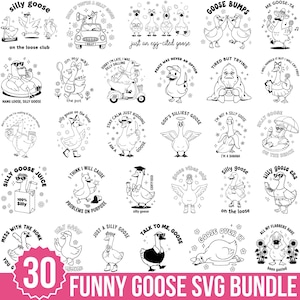 Könnte beinhalten: Eine Sammlung von 30 schwarz-weißen Cartoon-Gans-Designs mit verschiedenen Phrasen und Bildern. Das Bundle enthält Gänse mit Sonnenbrillen, auf Rollern und mit lustigen Sprüchen. Der Text "Funny Goose SVG Bundle" befindet sich unten.