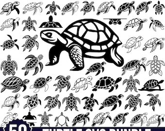May include: A collection of 50 turtle SVG designs in black and white. The image features various turtle illustrations, including detailed outlines and silhouettes. The text "50 TURTLE SVG BUNDLE" is displayed at the bottom.