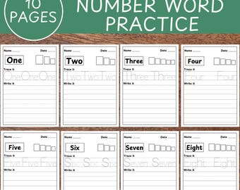 May include: Ten printable worksheets for practicing writing the number words one through eight. Each worksheet has a title, a space for the student's name and date, a box to trace the word, and lines for writing the word.