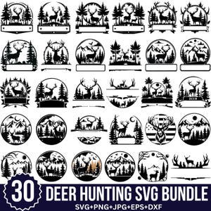 May include: A set of 30 black and white deer hunting SVG designs. Each design features a deer silhouette, trees, mountains, and banners. The text "DEER HUNTING SVG BUNDLE" is included, along with file type information.