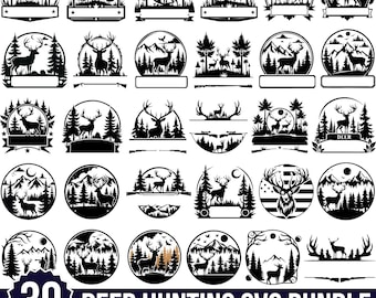 May include: A collection of 30 black and white deer hunting SVG designs. Each design features a deer silhouette, trees, mountains, and banners. The text "DEER HUNTING SVG BUNDLE" is included, along with file type information.