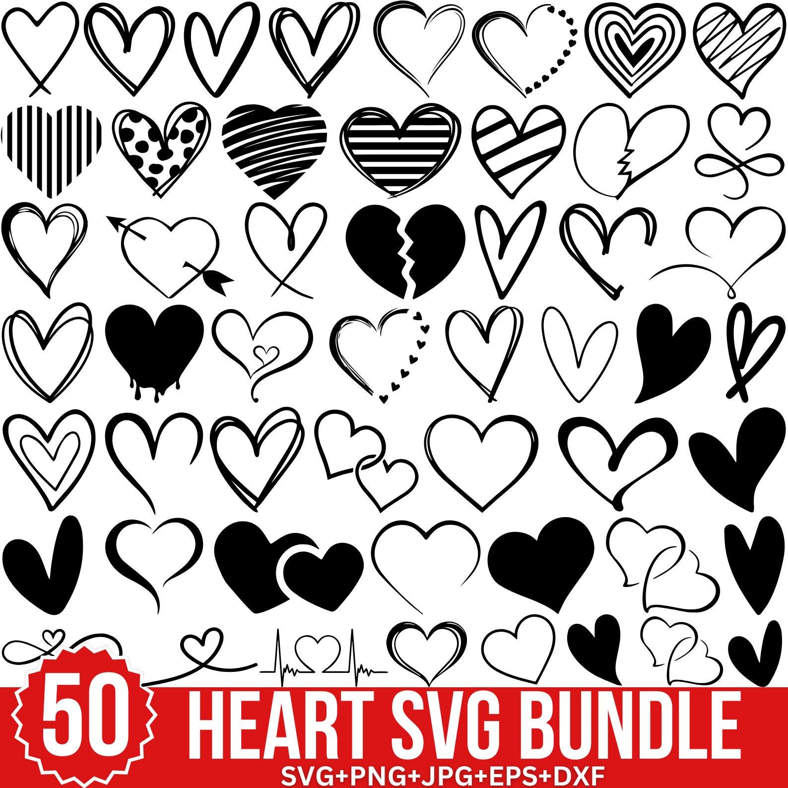 Heart SVG Bundle, Hand Drawn Heart Doodle Svg, Love Heart Clipart ...