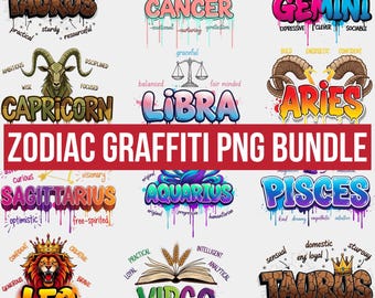 Zodiac Graffiti Png Bundle, Street Art Zodiac Signs Clipart, Urban Horoscope Png Set, Graffiti Style Astrology Horoscopes Shirt Png