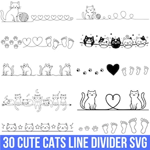 Könnte beinhalten: Eine Sammlung von Schwarz-Weiß-Strichzeichnungen mit Katzen, Pfotenabdrücken, Herzen und Fußabdrücken. Die Designs umfassen Katzen mit Garn, schlafende Katzen und Katzen mit Sternen. Der Text unten lautet "30 CUTE CATS LINE DIVIDER SVG".