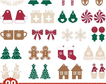 Cute Christmas Earrings Svg Bundle, Earrings Svg, Xmas Cut File, Faux Leather Earrings, File For Cricut, Glowforge Svg, Christmas Ornaments