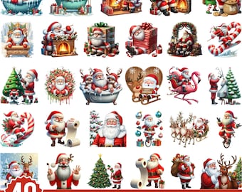 Santa Claus Christmas Clipart Bundle, 30 Festive Santa Png, Cute Holiday Illustrations, Christmas Decorations, Winter Art, Digital Download
