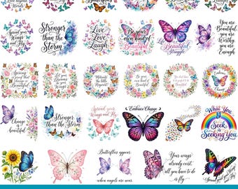 50 Motivational Butterfly Quotes Clipart Png Bundle, Inspirational Quotes Sublimation, Watercolor Butterfly Clipart, Digital Download