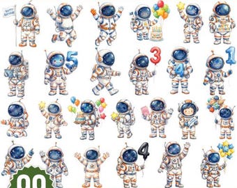 Cute Astronaut Clipart Bundle, Space Birthday Png, Watercolor Space, Solar System Planets, Rocket Clipart, Outer Space PNG, Digital Download