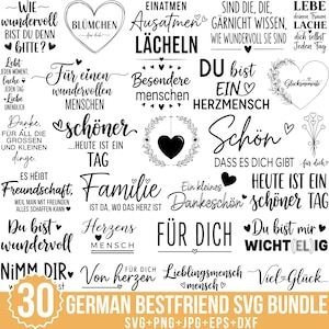 Puede incluir: Un conjunto de 30 diseños SVG alemanes de mejores amigos en negro, con varias frases y citas. Incluye formatos SVG, PNG, JPG, EPS y DXF. Ideal para manualidades.