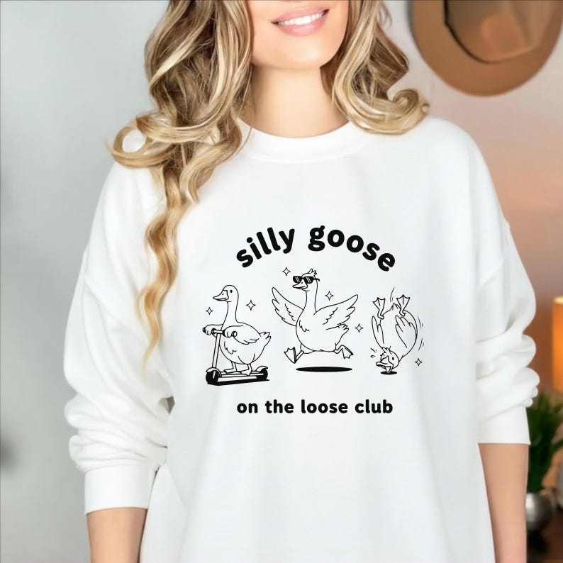 May include: White sweatshirt with the text "silly goose" above three cartoon geese. One goose rides a scooter, another wears sunglasses, and the third does a handstand. The phrase "on the loose club" is below the geese.
