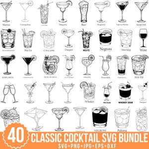 Può includere: Illustrazioni in bianco e nero di 40 cocktail classici, tra cui Martini e Margarita. Il testo "40 CLASSIC COCKTAIL SVG BUNDLE" è visualizzato in basso, insieme alle opzioni del tipo di file.