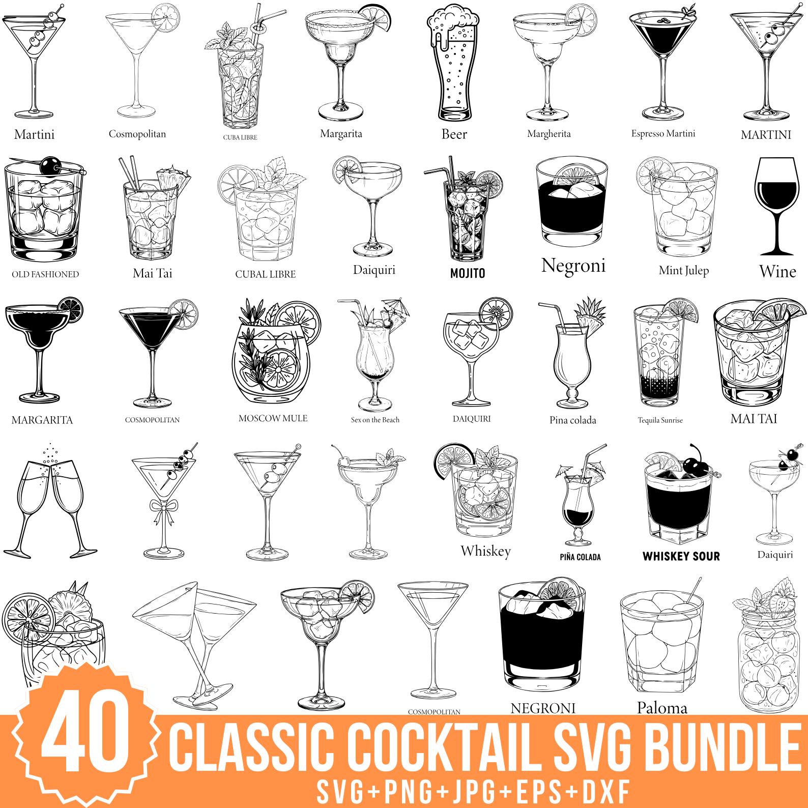 Classic Cocktails Svg Bundle, Cocktail Svg, Hand Drawn Glass, Shot ...